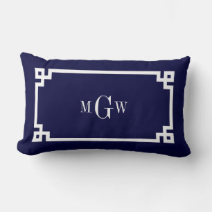 Coussin Rectangle Bleu Marine Clé Grecque Blanc #2 Cadre Monogramme 