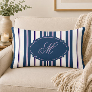 Coussin Rectangle Bleu marine +Violet clair +Rayures verticales blan