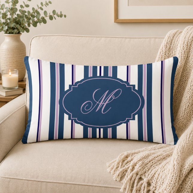 Coussin Rectangle Bleu marine +Violet clair +Rayures verticales blan (Créateur téléchargé)