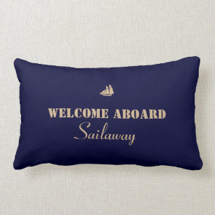 Coussin Rectangle Bleu Marron Bienvenue à Bord Bateau Naudique