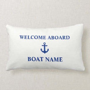 Coussin Rectangle Bleu nautique Bienvenue à bord Nom du bateau Blanc