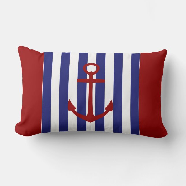 Coussin Rectangle Bleu nautique et Blancs avec Ancre rouge (Recto)