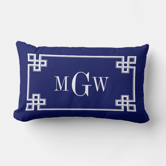 Coussin Rectangle Bleu Navy 5c Monogramme encadré à clé grecque blan (Recto)