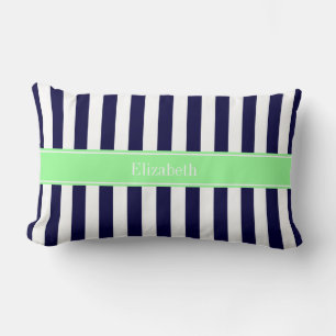 Coussin Rectangle Bleu Nuit Blanc Rayure Vert Menthe Nom Monogramme