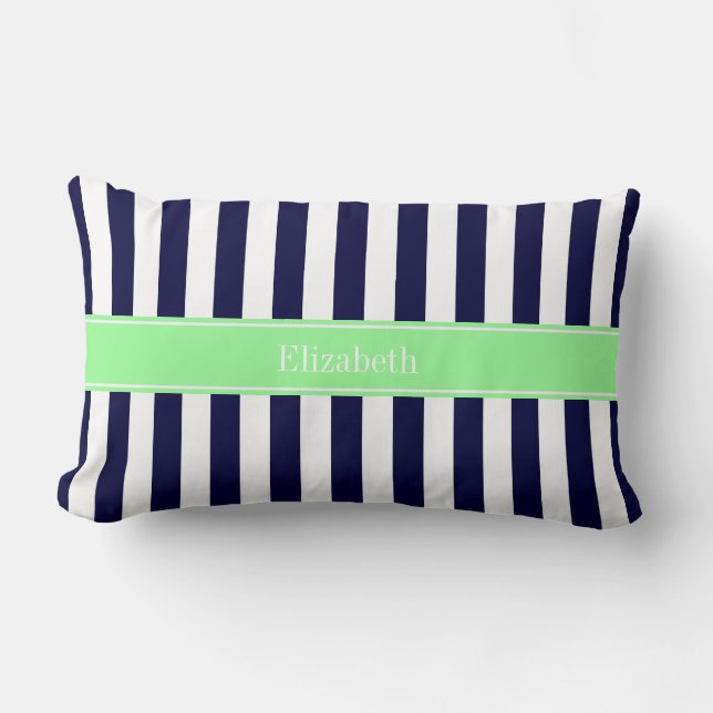 Coussin Rectangle Bleu Nuit Blanc Rayure Vert Menthe Nom Monogramme (Recto)