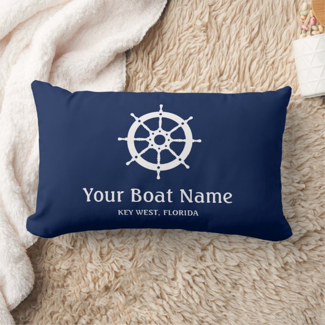 Coussin Rectangle Bleu Nuit Marin Nom de Bateau Personnalisé Blanc (Couverture)