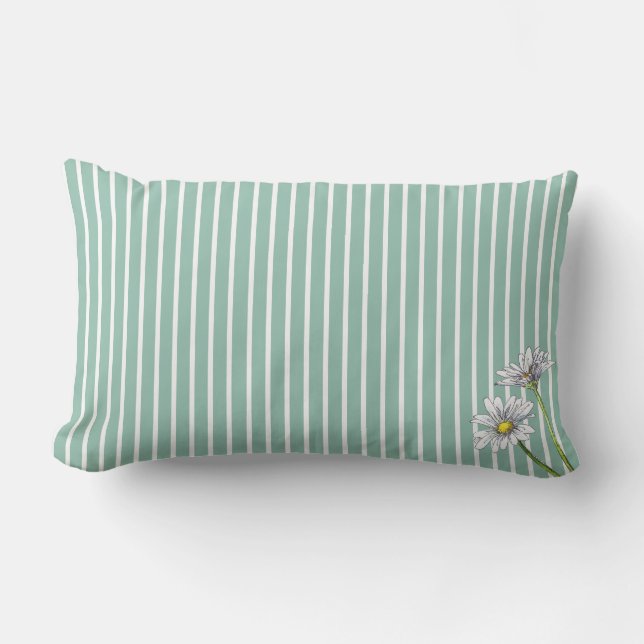 Coussin Rectangle Bleu Œuf de Canard Rayé Floral Aquarelle Marguerit (Recto)