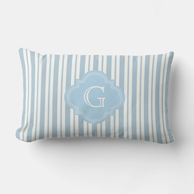 Coussin Rectangle Bleu Poudre Blanc Rayure #2 Étiquette Monogramme B (Recto)