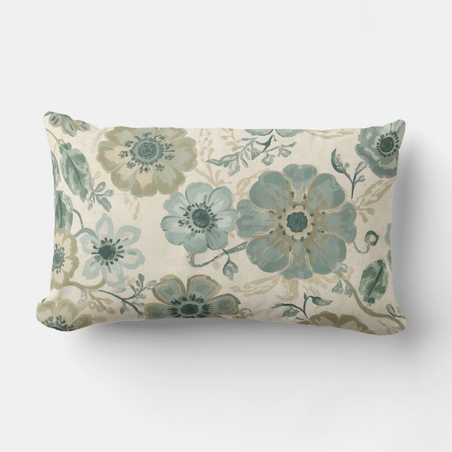 Coussin Rectangle Bleu Poussiéreux Sage Vert Beige Floral Maison de  (Recto)