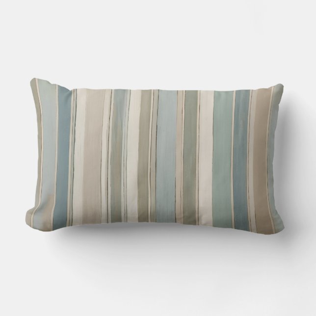 Coussin Rectangle Bleu Poussiéreux Turquoise Sage Beige Rayure (Recto)