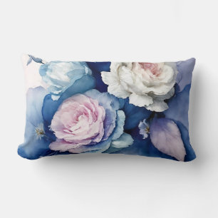 Coussin Rectangle Bleu romantique et Aquarelle bleue Rose Floral Ar