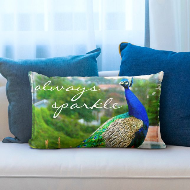 Coussin Rectangle Bleu vert Peacock photo toujours Éclat Script (Créateur téléchargé)