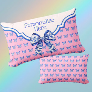 Coussin Rectangle Bleu vintage Papillon blanc Bow Lumb personnalisé