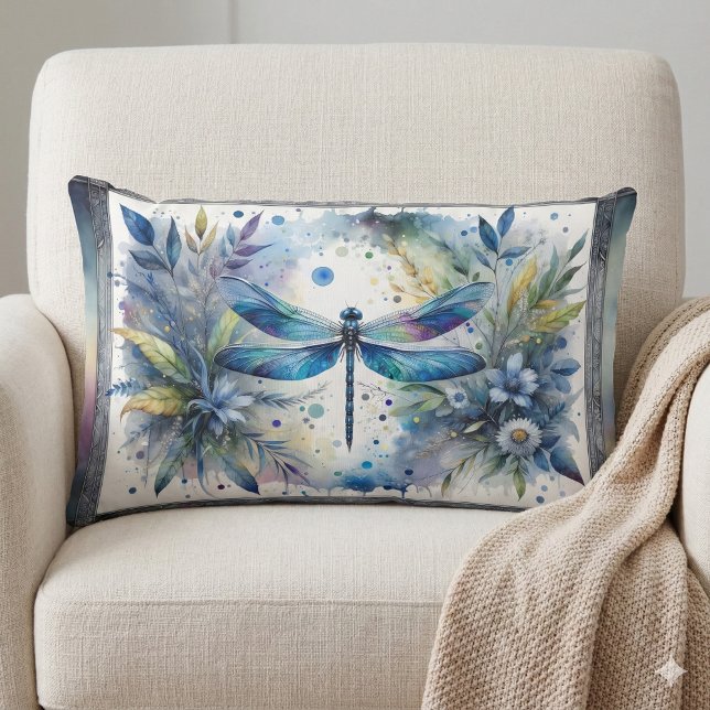 Coussin Rectangle Blue Dragonfly Botanical Watercolor (Blue Dragonfly Botanical Watercolor Lumbar Pillow Mockup A)