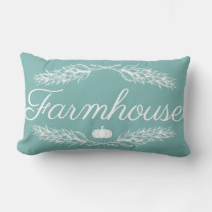 Coussin Rectangle Blue Farmhouse Blé Stalk Laurels Citrouille et nom