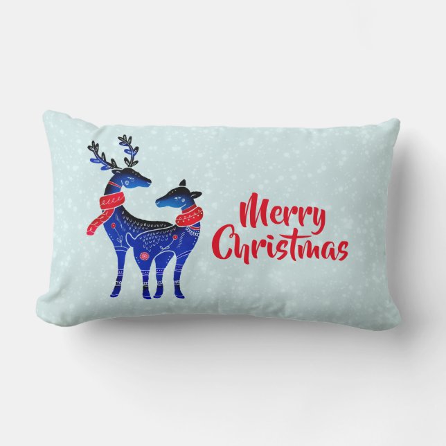 Coussin Rectangle Blue Nordic Christmas Reindeer Pair (Recto)