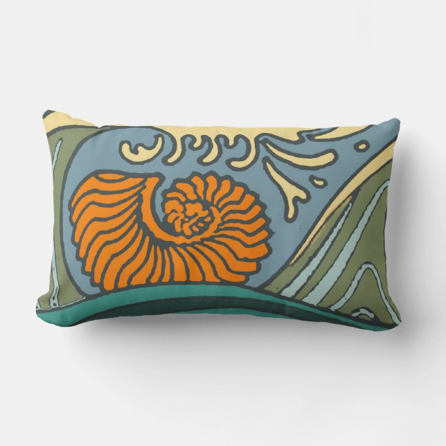 Coussin Rectangle Blue Ocean Waves Nautilus Seashell Motif Nouveau (Recto)
