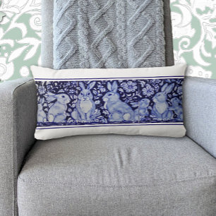 Coussin Rectangle Blue Rabbit Bois Oiseau Bunny Delft Dedham