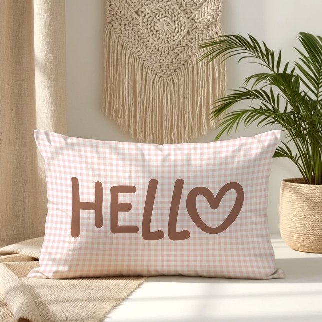 Coussin Rectangle Blush Gingham Mocha Caprice Cœur Bonjour (Blush Gingham Mocha Whimsical Heart Hello Lumbar Pillow)