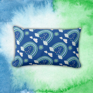 Coussin Rectangle Boho arc-en-ciel vert simple en bleu