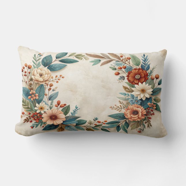 Coussin Rectangle Boho Autumn Floral Wreath Pillow - Teal Leaves Cor (Recto)