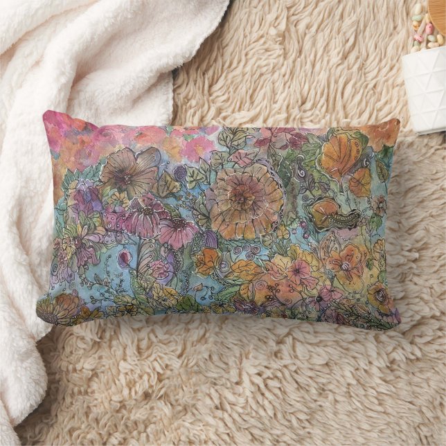 Coussin Rectangle Boho Chic Flower Garden aquarelle peinture (Couverture)