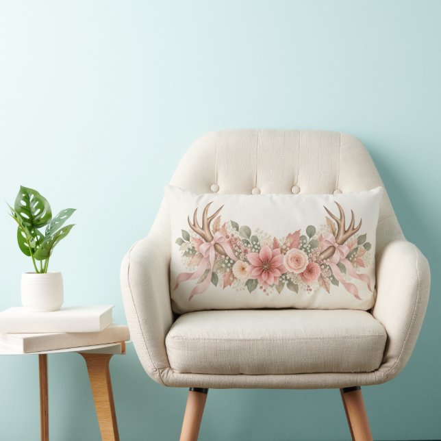 Coussin Rectangle Bois de cerf d'automne avec roses roses (Chaise)