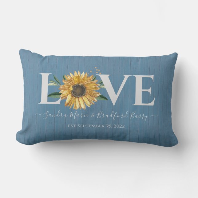 Coussin Rectangle Bois de grange bleu poussiéreux, Tournesol doré Ma (Recto)