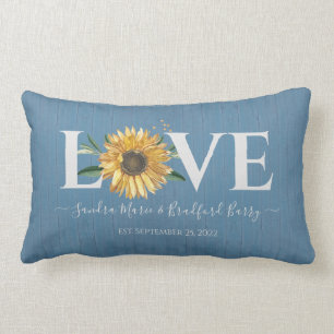 Coussin Rectangle Bois de grange bleu poussiéreux, Tournesol doré Ma
