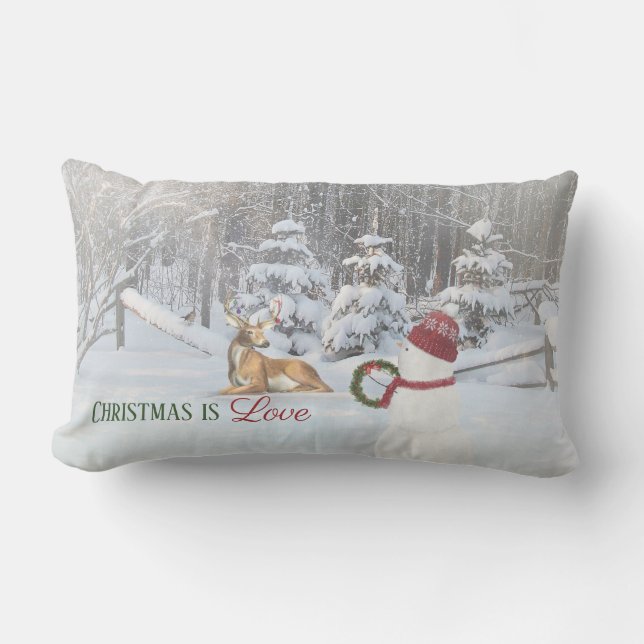 Coussin Rectangle bonhomme de neige de Noël avec couronne pour cerf  (Recto)