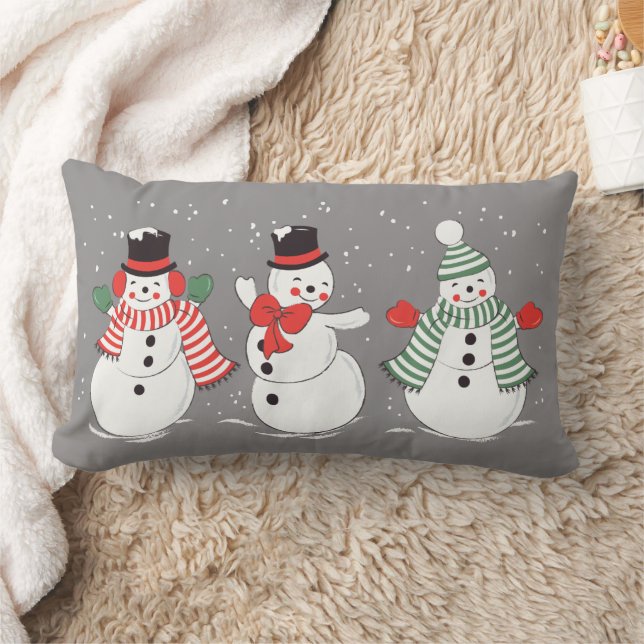 Coussin Rectangle Bonhommes de neige gris dansant vintage (Couverture)