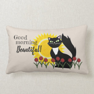 Coussin Rectangle Bonjour Beau! Chat avec soleil et tulipes