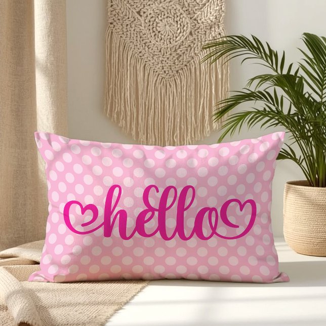 Coussin Rectangle Bonjour coeurs rose clair à pois (Hello Hearts Light Pink Polka Dot Lumbar Pillow)