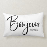 Coussin Rectangle Bonjour | Élégant et moderne script français noir<br><div class="desc">Ce coussin élégant,  noir et blanc dit "Bonjour" dans la typographie manuscrite moderne et branchée avec une place pour votre nom. Un look chic et chic pour ceux qui aiment la France et la langue française.</div>