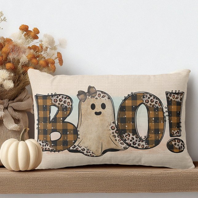 Coussin Rectangle Boo Orange Noir Carreaux Halloween (Cute but Spooky Ghost Halloween Pillow)