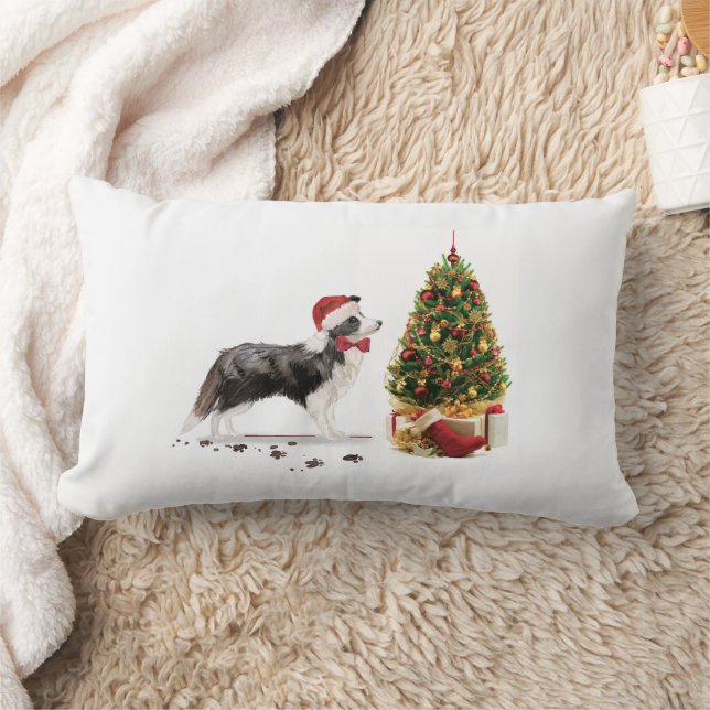 Coussin Rectangle Bordure Collie Funny Chien de Noël avec arbre (Couverture)