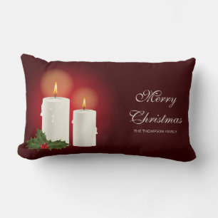 Coussin Rectangle Bougies de Noël blanches sur fond rouge avec texte