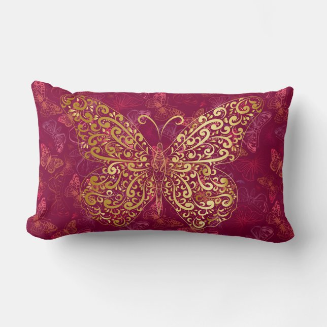 Coussin Rectangle Bouillon d'or fleurit sur l'Accent Magenta Bourgog (Recto)