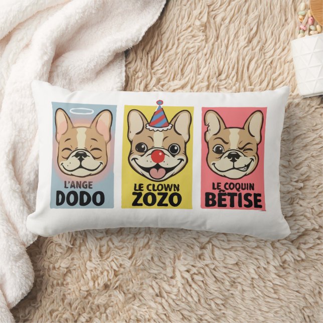 Coussin Rectangle Bouledogue Français Trois Humeurs  (Couverture)