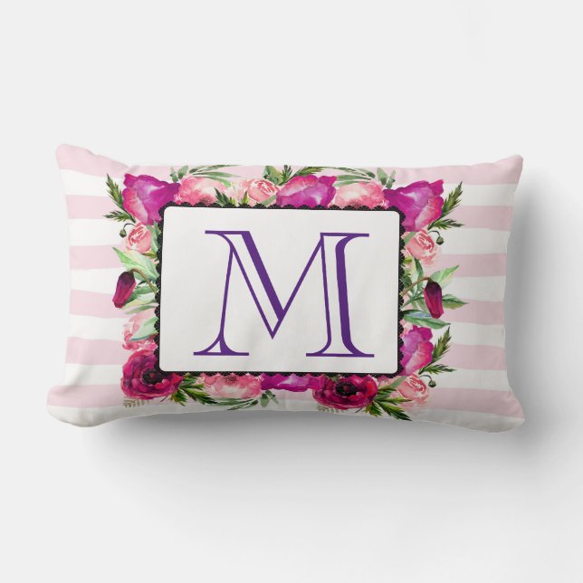 Coussin Rectangle Bouquet floral de rose et pavot Monogramme (Recto)