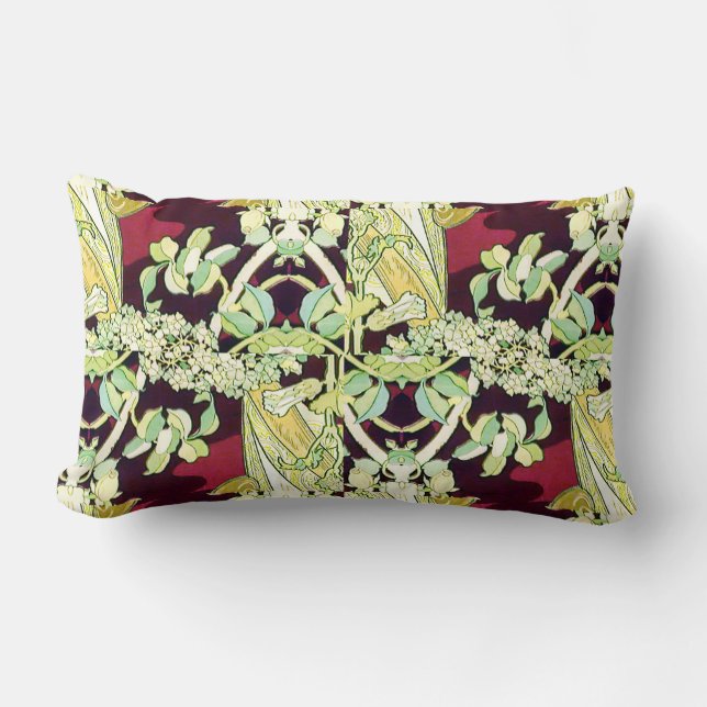 Coussin Rectangle Bourgogne et vert Floral Mucha Remix Abstrait (Recto)