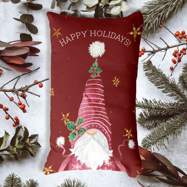 Coussin Rectangle Bourgogne rouge Noël Gnome Aquarelle Holly Star (Créateur téléchargé)