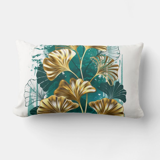 Coussin Rectangle Branche avec Feuilles d'or Ginko Biloba (Recto)
