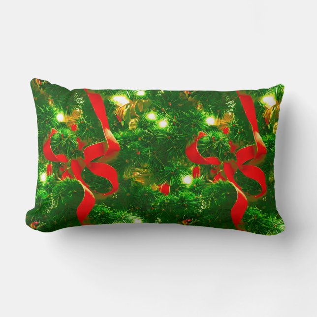 Coussin Rectangle Branches d'arbre de Noël et rubans rouges (Recto)