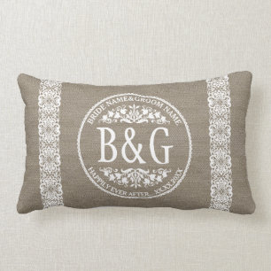 Coussin Rectangle Bride&Groom personnalisé Burlap&Lace