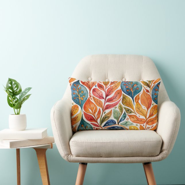 Coussin Rectangle Brilliant Orange & Bleu Feuilles Abstraits (Chaise)