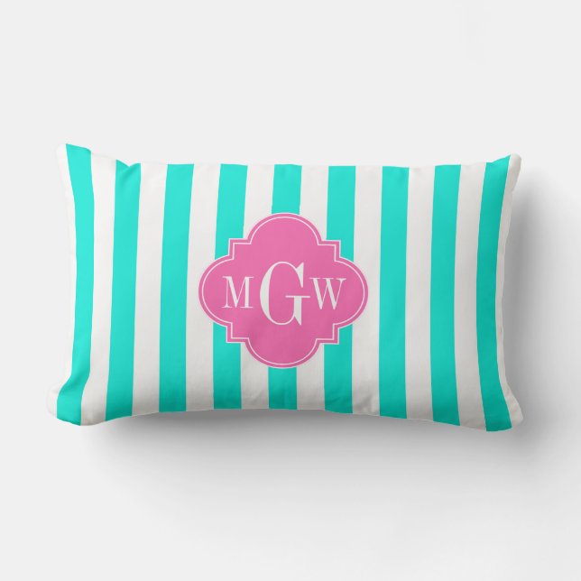 Coussin Rectangle Brt Aqua Wt Stripe HotPink#2 Quatrefoil 3 Monogram (Recto)