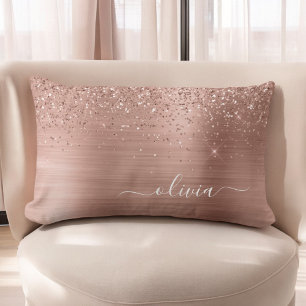Coussin Rectangle Brushed metal rose Gold Pink Glitter Monogram