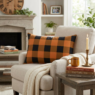 Coussin Rectangle Buffle noir et orange plaid automne Halloween