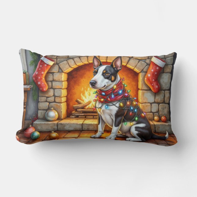 Coussin Rectangle Bull Terrier Cheminée avec Lumières de Noël (Recto)